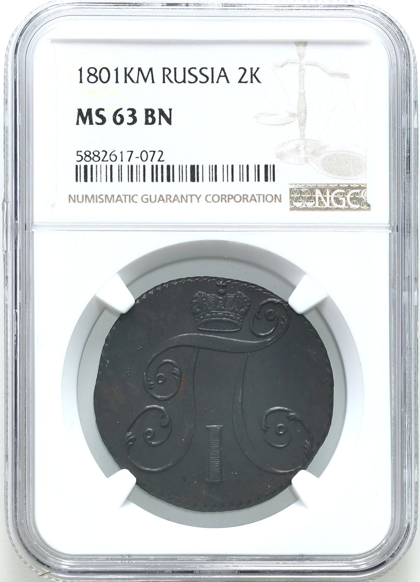 Rosja. Paweł I. 2 kopiejki 1801 KM, Suzun – NGC MS63 BN (2 MAX) – PIĘKNE